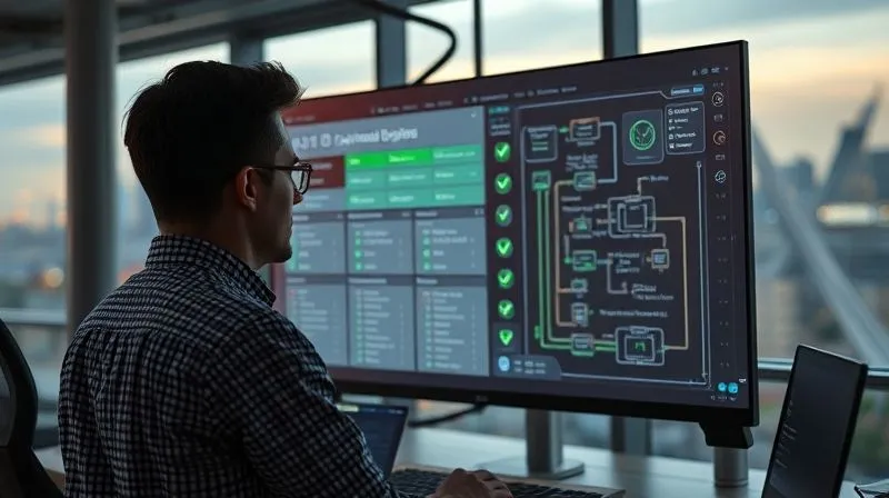 A photorealistic image depicting a digital nomad calmly reviewing a complex system of interconnected digital processes on a large monitor. The screen shows a dashboard with green checkmarks and a few areas highlighted for optimization, suggesting maintenance and refinement. The setting is a modern, organized workspace with a view of a bustling city, symbolizing control amidst complexity. Cinematic lighting, sharp focus on the monitor, depth of field, 8K hyper-detailed, professional photography, shot on a high-end DSLR, conveying meticulous oversight and continuous improvement.