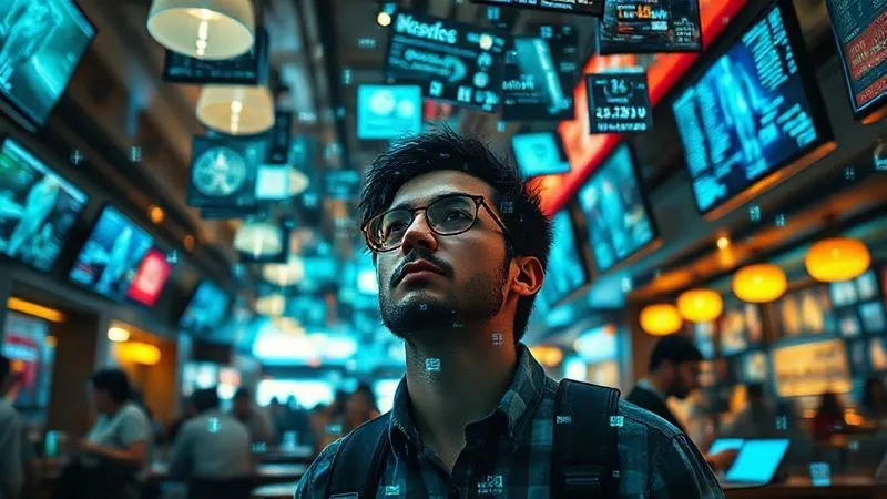 Photorealistic image of a digital nomad overwhelmed by floating screens and data, in a bustling cafe, symbolizing information overload, cinematic lighting, 8K, shot on a high-end DSLR.