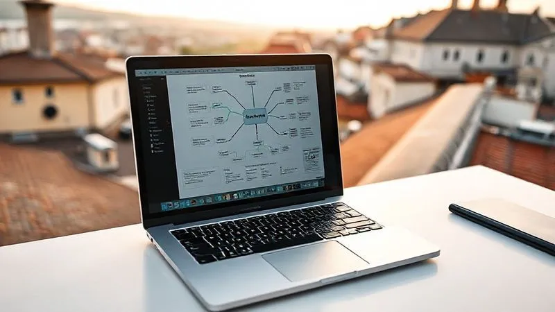 Photorealistic image of a digital nomad on a laptop, with a sleek, minimalist setup, focused on a workflow diagram or a mind map on screen, symbolizing efficient study automation, with a scenic backdrop of a European city rooftop, cinematic lighting, 8K, sharp focus, depth of field, shot on a high-end DSLR.