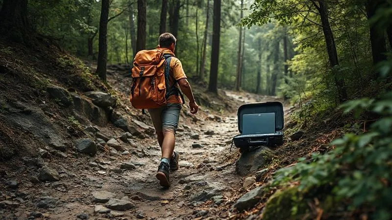 Photorealistic image of a digital nomad successfully navigating a challenging terrain (e.g., a rocky path or a dense forest), with a laptop in a protective case, symbolizing overcoming study challenges while traveling, cinematic lighting, 8K, sharp focus, depth of field, shot on a high-end DSLR.