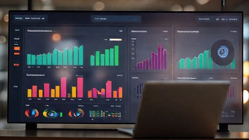 Photorealistic image of a dashboard with clear, easy-to-read graphs and metrics related to learning retention and study efficiency, with a blurred background of a happy, productive digital nomad working on a laptop, 8K, cinematic lighting, sharp focus, depth of field, shot on a high-end DSLR.