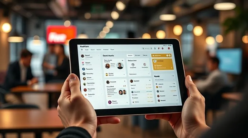 A photorealistic image of a Notion dashboard on a tablet, displaying a clean CRM interface with client cards, progress bars, and communication logs. The tablet is held in the hands of a digital nomad, with a blurred backdrop of a bustling co-working space in a vibrant foreign city. Cinematic lighting, sharp focus on the tablet screen, depth of field blurring the background. Shot on a high-end DSLR, 8K hyper-detailed, professional photography.