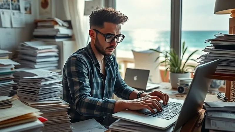 A photorealistic image of a digital nomad sitting in a chaotic, cluttered workspace filled with stacks of virtual papers and open browser tabs on a laptop screen, looking overwhelmed and stressed. In the background, a beautiful, serene beach scene is visible through a window, symbolizing the missed opportunities for freedom. Cinematic lighting, sharp focus on the stressed nomad, depth of field blurring the background. Shot on a high-end DSLR, 8K hyper-detailed, professional photography.