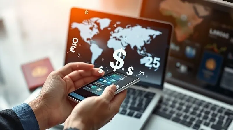 A photorealistic image of digital currency symbols and financial data flowing seamlessly into a smartphone and laptop screen, held by a pair of hands with a passport and world map visible in the background. The scene is clean, organized, and conveys efficiency and control over finances. Cinematic lighting, sharp focus on the hands and devices, depth of field blurring the background. Shot on a high-end DSLR, 8K hyper-detailed, professional photography.