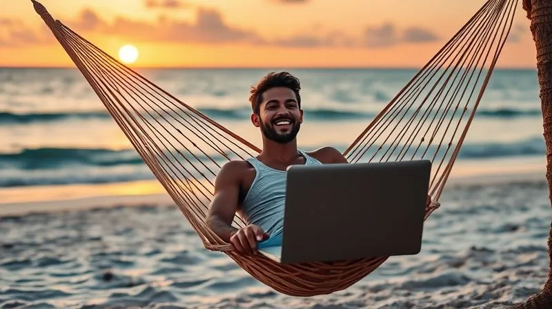 A photorealistic image of a digital nomad, smiling genuinely, sitting comfortably in a hammock on a pristine beach at sunset, observing the ocean with a sense of peace and accomplishment. A laptop is neatly closed beside them, symbolizing work completed and time freed. Cinematic lighting, sharp focus on the relaxed nomad, depth of field blurring the distant horizon. Shot on a high-end DSLR, 8K hyper-detailed, professional photography.