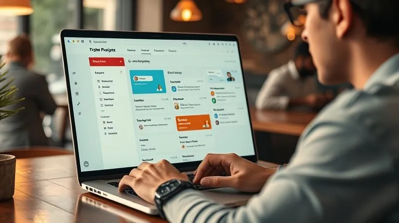 A photorealistic image showing a digital nomad working on a laptop, with a visually appealing project management dashboard open on the screen (like Trello or Notion). The dashboard displays organized study tasks, progress bars, and calendar integrations. The nomad is in a cozy cafe setting, with soft, cinematic lighting, sharp focus on the screen and hands, and a blurred background of other cafe patrons. 8K hyper-detailed, professional photography, shot on a high-end DSLR.