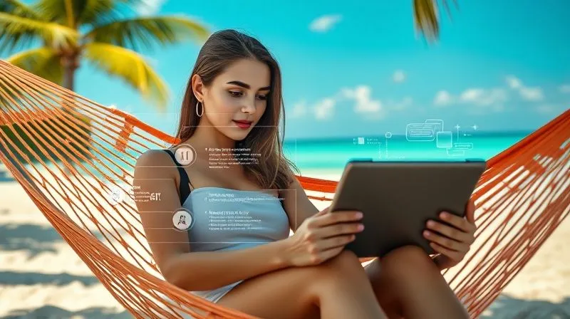 A photorealistic image of a digital nomad, a young woman, sitting comfortably in a hammock on a tropical beach, gazing at a holographic interface projected from her tablet. The interface displays complex data, learning modules, and automated task flows, with subtle AI symbols and glowing lines connecting information. Her expression is serene and focused, indicating efficient learning. Cinematic lighting, sharp focus on her and the holographic display, depth of field blurring the background of clear blue ocean and palm trees. 8K hyper-detailed, professional photography, shot on a high-end DSLR.