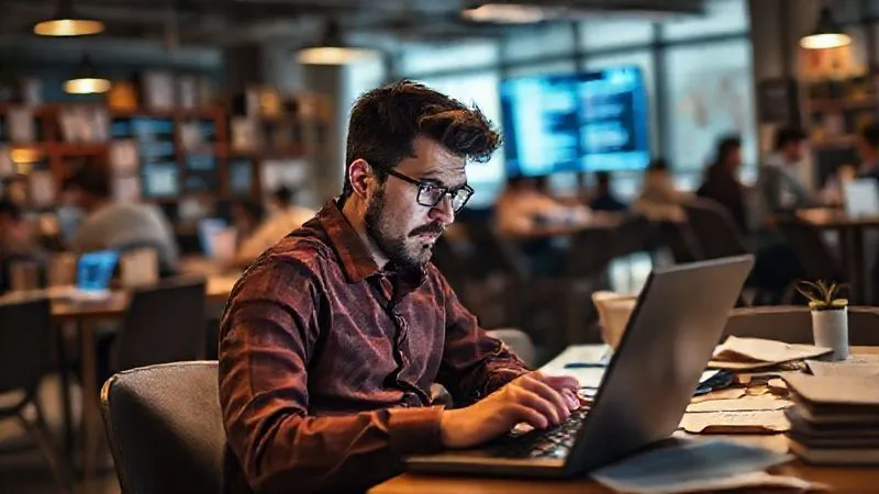 A photorealistic image of a person sitting in a bustling co-working space, looking overwhelmed by multiple open tabs on their laptop screen and various paper notes scattered around. Their expression is stressed. Cinematic lighting, sharp focus on the person and their cluttered workspace, depth of field blurring the background, 8K hyper-detailed, professional photography, shot on a high-end DSLR.