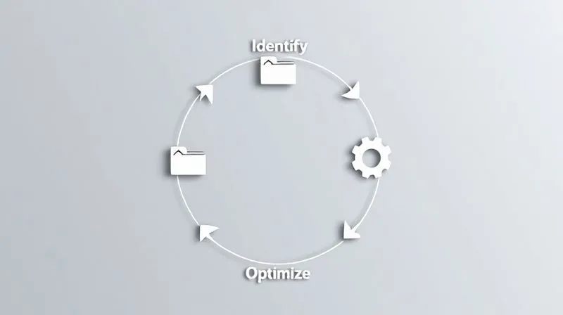 A photorealistic diagram showing a circular workflow of 'Identify, Categorize, Automate, Optimize' with icons representing each stage: a magnifying glass for identify, folders for categorize, gears for automate, and an upward arrow for optimize. The diagram is clean, modern, with cinematic lighting and sharp focus, 8K hyper-detailed, professional photography.