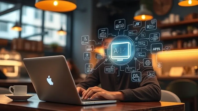 A photorealistic conceptual image showing a digital nomad at a coffee shop, with a laptop displaying a complex, glowing AI-driven workflow diagram. Holographic elements representing data analysis and automated tasks float around the nomad, who looks focused yet relaxed. Cinematic lighting, sharp focus on the laptop and diagram, depth of field blurring the background, 8K hyper-detailed, professional photography.