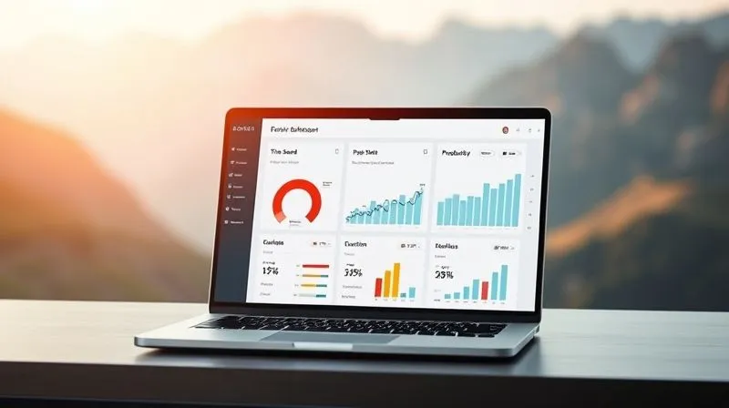 A photorealistic image of a sleek, modern dashboard on a laptop screen, displaying various metrics like 'Time Saved', 'Error Reduction', and 'Productivity Gain' with clear, upward-trending graphs and positive percentages. The laptop is placed on a minimalist desk with a blurred background of a scenic mountain view. Cinematic lighting, sharp focus on the dashboard, depth of field, 8K hyper-detailed, professional photography.