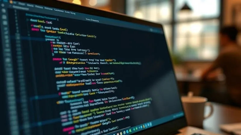 A photorealistic image of a computer screen displaying Google Apps Script editor with lines of JavaScript code, focused on a function for automating Gmail. The background shows a blurry but vibrant digital nomad working in a cafe. Professional photography, 8K, cinematic lighting, sharp focus on the code, depth of field blurring the background, shot on a high-end DSLR.