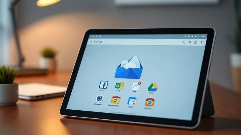 A photorealistic image of a Google Drive interface on a tablet screen, showing neatly organized folders and files. A virtual assistant icon hovers over a folder, symbolizing automated organization. The background is a minimalist coworking space. Professional photography, 8K, cinematic lighting, sharp focus on the tablet, depth of field blurring the background, shot on a high-end DSLR.