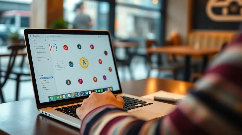 A photorealistic image of a digital nomad sitting in a cafe, intensely focused on a laptop screen displaying a complex workflow diagram with interconnected Google Workspace icons. There are notes and flowcharts spread on the table. Professional photography, 8K, cinematic lighting, sharp focus on the laptop and notes, depth of field blurring the cafe background, shot on a high-end DSLR.