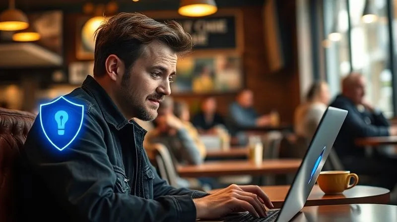 A photorealistic image of a digital nomad, focused and confident, working on a laptop in a cozy, well-lit corner of a bustling cafe. A subtle, glowing blue digital shield icon is visibly active on the laptop's screen corner, representing an active VPN connection. Cinematic lighting, sharp focus on the nomad and laptop, with a soft depth of field blurring the background cafe patrons. Professional photography, 8K, shot on a high-end DSLR.