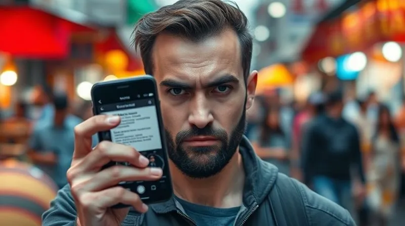 A photorealistic image of a digital nomad, with a serious but determined expression, holding up their smartphone to carefully inspect a suspicious-looking email on the screen. The background is a blurred, vibrant street market in a foreign city. Cinematic lighting, sharp focus on the nomad's face and phone, depth of field blurring the background. Professional photography, 8K, shot on a high-end DSLR.