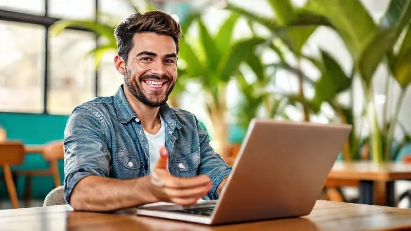 A photorealistic image of a digital nomad, male or female, with a warm, confident smile, interacting genuinely on a video call on their laptop from a vibrant co-working space in a tropical location. The person's posture is open and inviting, symbolizing proactivity and authenticity in online interactions. Cinematic lighting, sharp focus on the person, depth of field, 8K, professional photography, shot on a high-end DSLR.