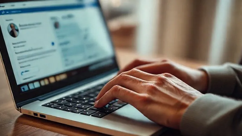 A photorealistic image of a person's hands typing on a laptop, with a blurred LinkedIn profile page in the background, showing a custom message being composed. The focus is on the deliberate and thoughtful act of crafting a personalized outreach. Soft, warm cinematic lighting, depth of field, 8K, professional photography, shot on a high-end DSLR.