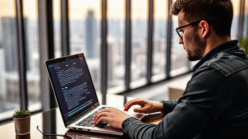 A photorealistic image of a digital nomad, male, focused intently on a laptop screen, with a vibrant, thought-provoking blog post draft visible. The background shows a modern, minimalist co-working space with large windows overlooking a bustling city. The scene conveys creativity and expertise in content creation. Cinematic lighting, sharp focus on the laptop and hands, depth of field, 8K, professional photography, shot on a high-end DSLR.