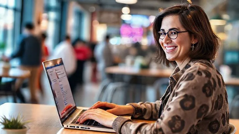 A photorealistic, professional photography image of a digital nomad, mid-30s, smiling confidently while typing on a laptop, with a vibrant, blurred background of a bustling co-working space in a foreign city. The laptop screen shows a well-optimized LinkedIn profile with a clear, engaging headline and 'About' section for a remote professional. Cinematic lighting emphasizes the nomad's face and the laptop, sharp focus on the interaction, depth of field blurring the background into an inspiring global setting. 8K hyper-detailed.