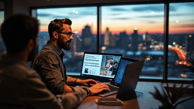 A photorealistic, professional photography image of a digital nomad, male, mid-30s, presenting a virtual workshop on a laptop, with a vibrant, dynamic presentation slide visible on screen showcasing tips for remote work or cultural insights. The background is a modern, minimalist co-working space with large windows overlooking a scenic urban landscape at dusk, suggesting global reach. Cinematic lighting highlights the speaker and the screen, sharp focus on the interaction, depth of field blurring the city lights. 8K hyper-detailed.