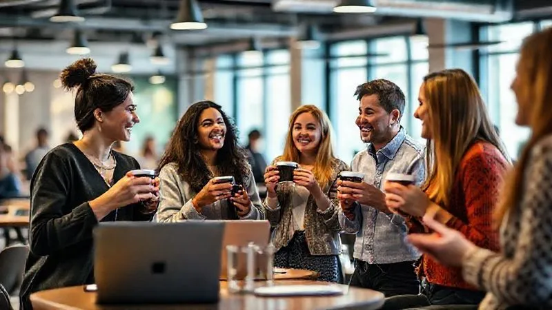 A photorealistic, professional photography image of a diverse group of digital nomads, mid-20s to late-30s, engaged in lively conversation during a networking event at a modern co-working space, holding coffee cups and exchanging ideas. They are smiling, making eye contact, with laptops subtly visible on tables in the background. Cinematic lighting creates a warm, inviting atmosphere, sharp focus on the group's interaction, depth of field blurring the rest of the space, suggesting a vibrant community. 8K hyper-detailed.