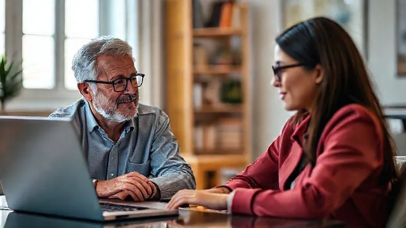 A photorealistic, professional photography image of two individuals, one a seasoned mentor (mid-40s) and one a younger digital nomad (late-20s), engaged in a thoughtful virtual mentorship session via video call on a laptop. The mentor is on one side of the screen, the nomad on the other, both in professional yet relaxed settings (e.g., a home office and a co-working space). Cinematic lighting creates a sense of connection and guidance, sharp focus on their expressions and the screen, depth of field blurring their respective backgrounds. 8K hyper-detailed.