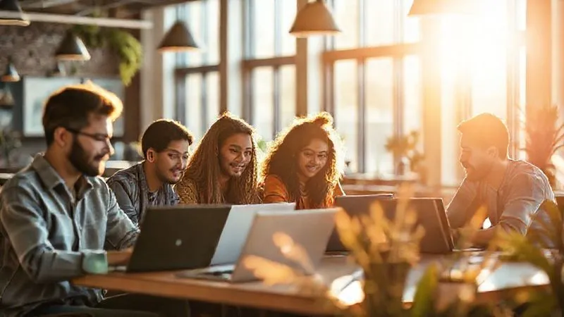 Photorealistic image of a diverse group of digital nomads collaborating on laptops in a vibrant coworking space, bathed in warm sunlight, professional photography, 8K, cinematic lighting, sharp focus, depth of field, shot on a high-end DSLR.
