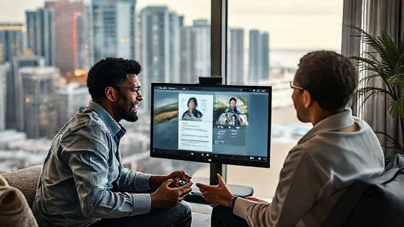 Photorealistic image of two diverse professionals collaborating on a video call, one in a bustling city apartment and the other in a serene beach setting, symbolizing remote mentorship and partnership. The screen shows a shared document or presentation. Professional photography, 8K, cinematic lighting, sharp focus on their faces and screens, depth of field blurring backgrounds, shot on a high-end DSLR.