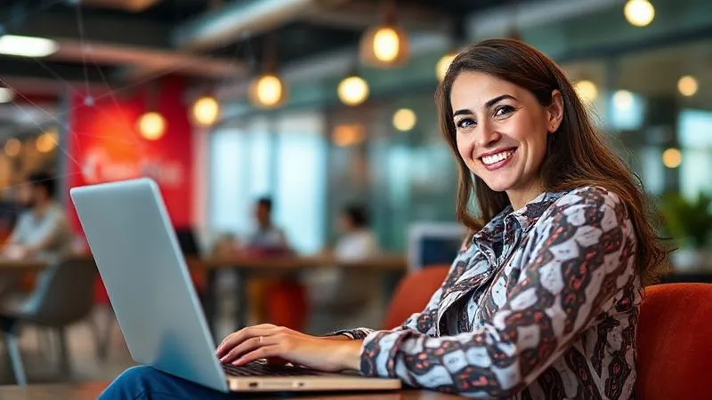 A professional digital nomad, smiling confidently, working on a laptop in a vibrant co-working space, surrounded by subtle digital network lines connecting to other individuals globally. The focus is on her face and the laptop screen, showing a LinkedIn profile. Photorealistic, professional photography, 8K, cinematic lighting, sharp focus, depth of field, shot on a high-end DSLR.