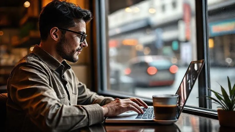A digital nomad in a cozy, well-lit cafe, thoughtfully typing a personalized follow-up email on a laptop, with a half-empty coffee cup beside them. The background shows a blurred window with a bustling city street, suggesting connection across distances. Photorealistic, professional photography, 8K, cinematic lighting, sharp focus on the person and laptop, depth of field, shot on a high-end DSLR.