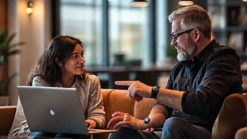 A digital nomad (mentee) with a laptop, looking attentively at another experienced digital nomad (mentor) who is pointing at a screen, sharing insights in a comfortable, modern co-working space. The atmosphere is one of focused learning and genuine connection. Photorealistic, professional photography, 8K, cinematic lighting, sharp focus on the interaction, depth of field, shot on a high-end DSLR.