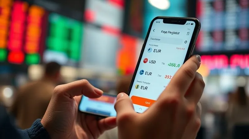 A photorealistic close-up of a person's hands holding a smartphone displaying a currency exchange app with a favorable exchange rate for multiple currencies (e.g., USD to EUR, EUR to THB), with blurred background of a bustling international market. Cinematic lighting, sharp focus on the phone screen and hands, depth of field, 8K hyper-detailed, professional photography, shot on a high-end DSLR.