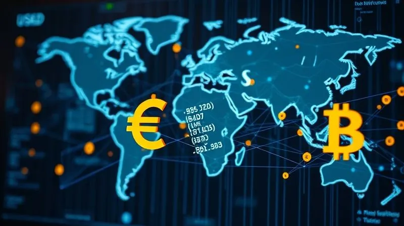 A photorealistic intricate network of financial data flowing between different currency symbols (USD, EUR, JPY, GBP, BRL) on a digital screen, overlaid with subtle tax forms and a world map in the background, representing global financial management and tax considerations for a digital nomad. Cinematic lighting, sharp focus on the data, depth of field, 8K hyper-detailed, professional photography, shot on a high-end DSLR.