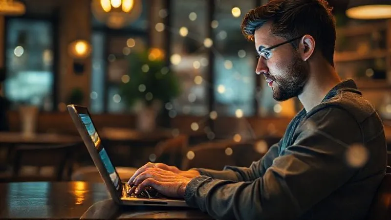 A photorealistic image of a digital nomad thoughtfully typing on a laptop in a cozy cafe, surrounded by a subtle, glowing network of connections emanating from the screen, representing authentic online engagement. Cinematic lighting, sharp focus on the person, depth of field blurring the background, 8K hyper-detailed, professional photography, shot on a high-end DSLR.