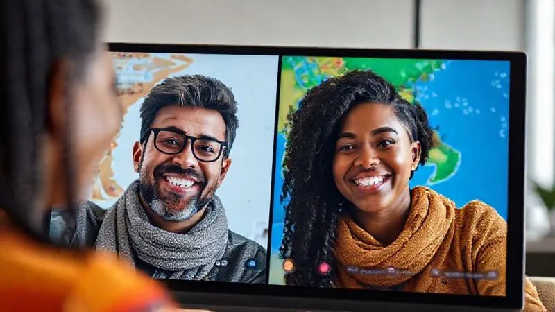 A photorealistic image of two digital nomads from different parts of the world engaging in a video call, smiling and making eye contact, with a split screen showing their diverse backgrounds. The scene emphasizes clear communication and genuine connection. Cinematic lighting, sharp focus on their faces, depth of field blurring the backgrounds, 8K hyper-detailed, professional photography, shot on a high-end DSLR.