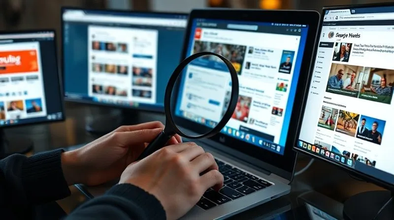 A photorealistic image of a person's hands typing on a laptop, surrounded by multiple open browser tabs displaying various online forum interfaces, some with vibrant discussions, others with a more professional layout. A magnifying glass hovers over one screen, symbolizing research. Cinematic lighting, sharp focus on the laptop and hands, depth of field blurring the background. 8K hyper-detailed, professional photography, shot on a high-end DSLR.