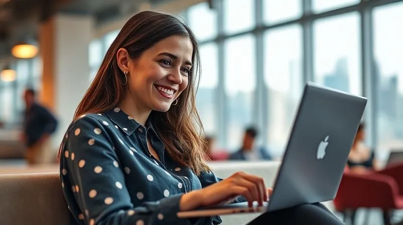 A photorealistic image of a digital nomad, a woman with a laptop, smiling confidently while video-calling a client, her screen showing a professional UX design interface. She's in a brightly lit modern co-working space, with a subtle blur of a city skyline in the background. Cinematic lighting, sharp focus on her face and the laptop screen, depth of field. 8K hyper-detailed, professional photography, shot on a high-end DSLR.