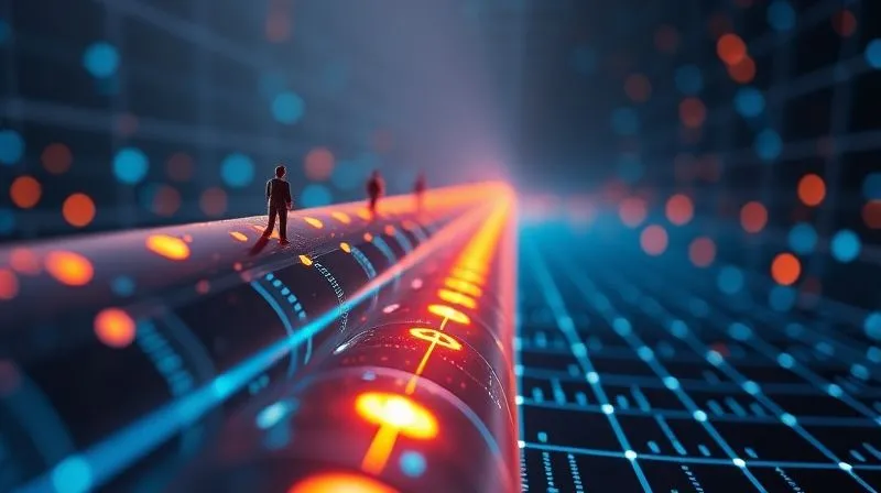 A photorealistic image of a stylized, glowing pipeline or funnel, with small digital nomad figures at the top feeding in 'connections' and 'contributions', and at the bottom, larger glowing 'opportunity' icons emerging. The background is a soft, futuristic digital network grid. Cinematic lighting, sharp focus on the pipeline, depth of field. 8K hyper-detailed, professional photography, shot on a high-end DSLR.