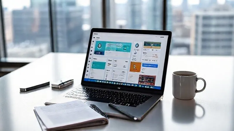 A photorealistic image of a sleek, minimalist desk setup in a bright, modern co-working space, with a laptop displaying various project management tools (like Asana and Slack) open, a notepad with handwritten notes, and a cup of coffee. The background shows a blurred cityscape through a large window, conveying the remote work lifestyle. Cinematic lighting, sharp focus on the desk items, depth of field, 8K hyper-detailed, shot on a high-end DSLR.