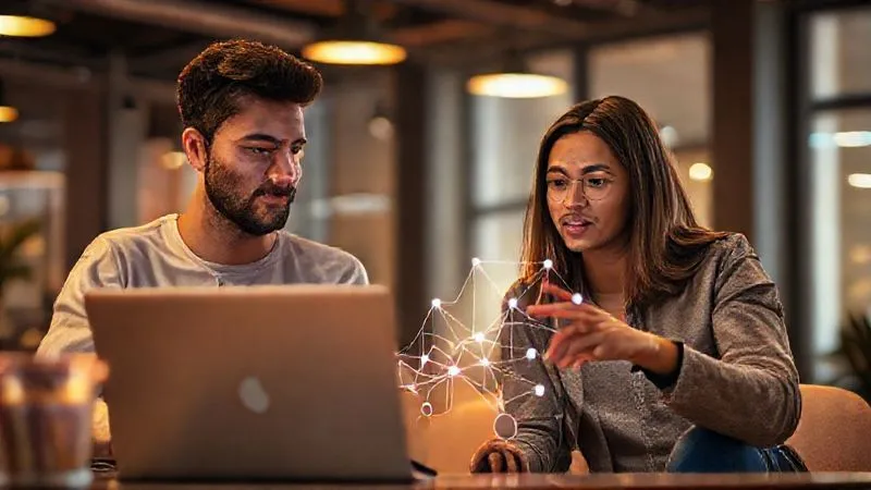 A photorealistic image depicting two digital nomads collaborating intently, one with a laptop, the other gesturing towards a shared screen, with a subtle overlay of a growth graph or a network diagram expanding outwards. The setting is a vibrant, modern co-working space bathed in warm, cinematic lighting. Sharp focus on their faces and the interaction, depth of field blurring the background, 8K hyper-detailed, shot on a high-end DSLR.