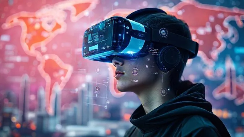 A photorealistic image depicting a futuristic digital nomad in a sleek, minimalist VR headset, interacting with a holographic interface that displays a complex network of connections, project timelines, and cryptocurrency symbols. The background is a vibrant, abstract representation of the metaverse, with subtle global landmarks. Cinematic lighting, sharp focus on the nomad and the interface, depth of field, 8K hyper-detailed, shot on a high-end DSLR.