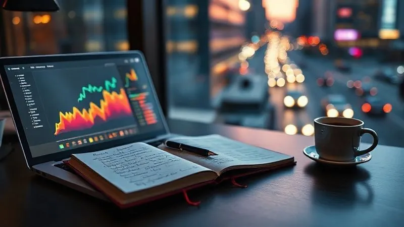 A photorealistic image of a digital nomad's desk setup, featuring a laptop displaying a vibrant data dashboard, a handwritten journal with notes, a pen, and a cup of coffee. The background shows a blurred window overlooking a bustling city street at dusk. Cinematic lighting, sharp focus on the dashboard and journal, depth of field. 8K hyper-detailed.
