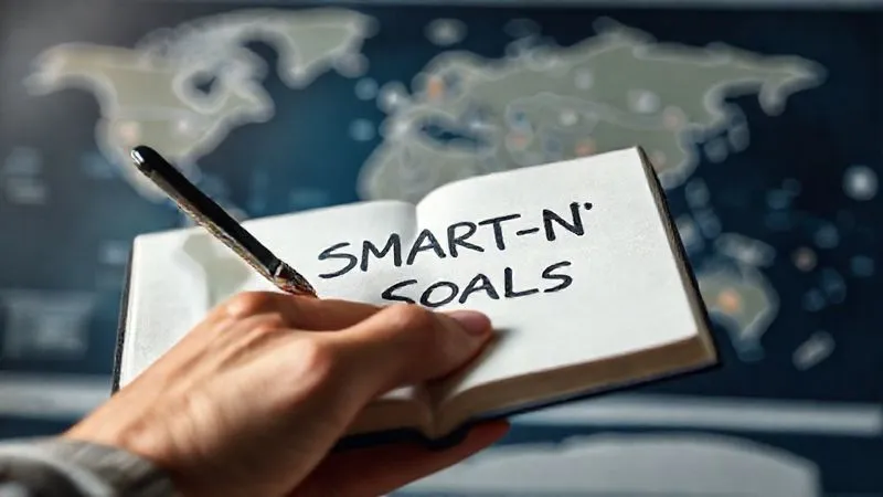 A photorealistic image of a hand writing "SMART-N Goals" in a notebook, with a blurred background showing a world map and small icons representing travel and work. Cinematic lighting, sharp focus on the hand and notebook, depth of field. 8K hyper-detailed.