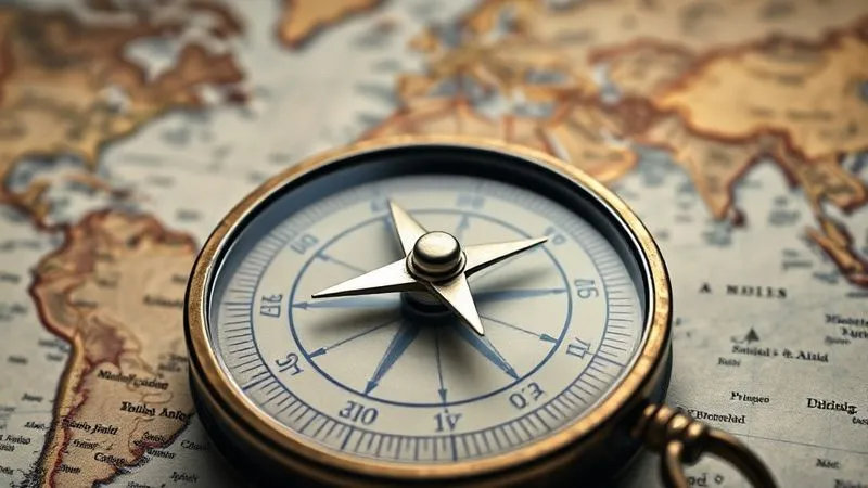 A photorealistic image of a compass on a vintage world map, with the needle slightly shifting direction, symbolizing adaptability and pivoting. Cinematic lighting, sharp focus on the compass, depth of field blurring the map. 8K hyper-detailed.