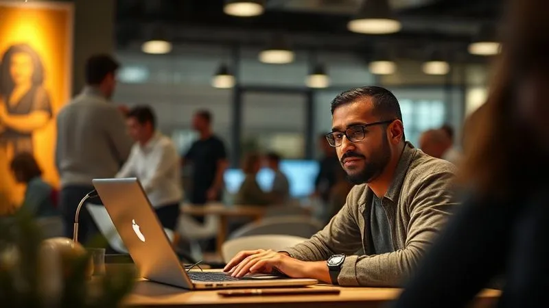 A photorealistic image of a digital nomad working intensely on a laptop in a bustling co-working space, but with a serene and focused expression, surrounded by blurred figures. Cinematic lighting, sharp focus on the nomad, depth of field. 8K hyper-detailed.
