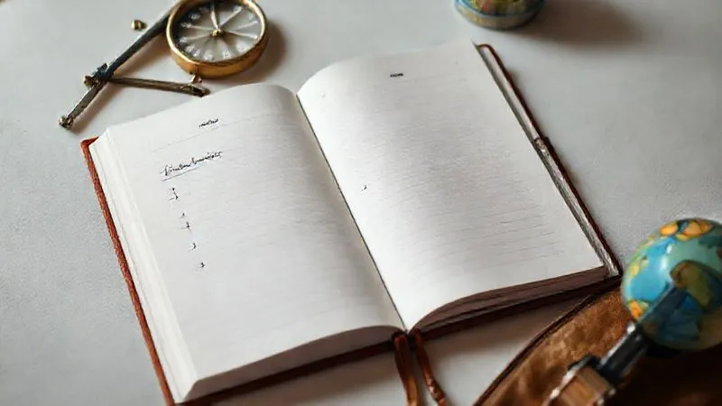 A photorealistic image of a minimalist daily planner or journal open to a page with three clearly highlighted, handwritten tasks, surrounded by travel items like a compass and a small globe, under soft, focused lighting, 8K hyper-detailed.