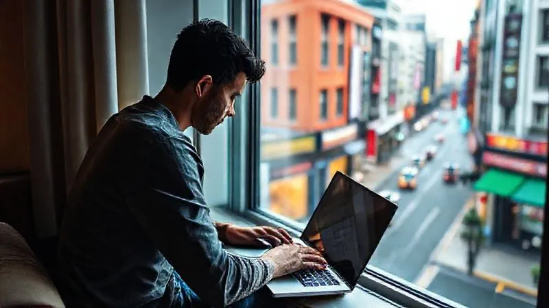 A photorealistic image of a person calmly closing a laptop, placing it aside, and looking out a window at a vibrant, new city street, symbolizing the act of disconnecting from work and embracing the travel experience, cinematic lighting, sharp focus on the person, 8K hyper-detailed.