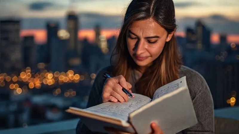 A photorealistic image of a person reviewing a handwritten journal or digital planner, with a thoughtful expression, surrounded by a subtle, blurred backdrop of a new city skyline at dusk, symbolizing reflection and adaptation. Cinematic lighting, sharp focus on the journal, 8K hyper-detailed.