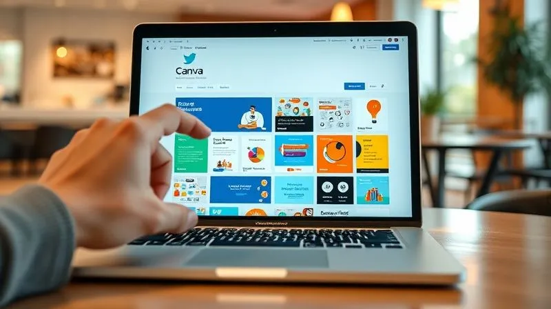 A photorealistic image of a laptop screen displaying the Canva interface with a wide array of educational templates and elements. A hand is hovering over the mouse, selecting an icon. The background is a clean, modern desk in a cafe setting, with soft, natural light. Professional photography, 8K, cinematic lighting, sharp focus on the screen, depth of field, shot on a high-end DSLR.